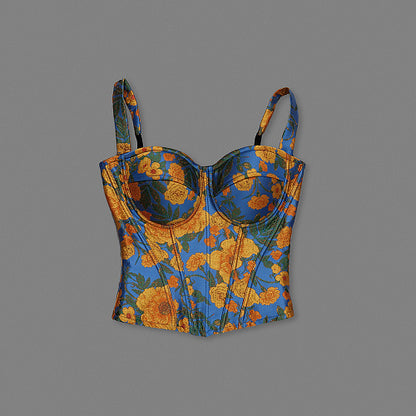 Floral Structured Bustier Top Blue Orange HV3039