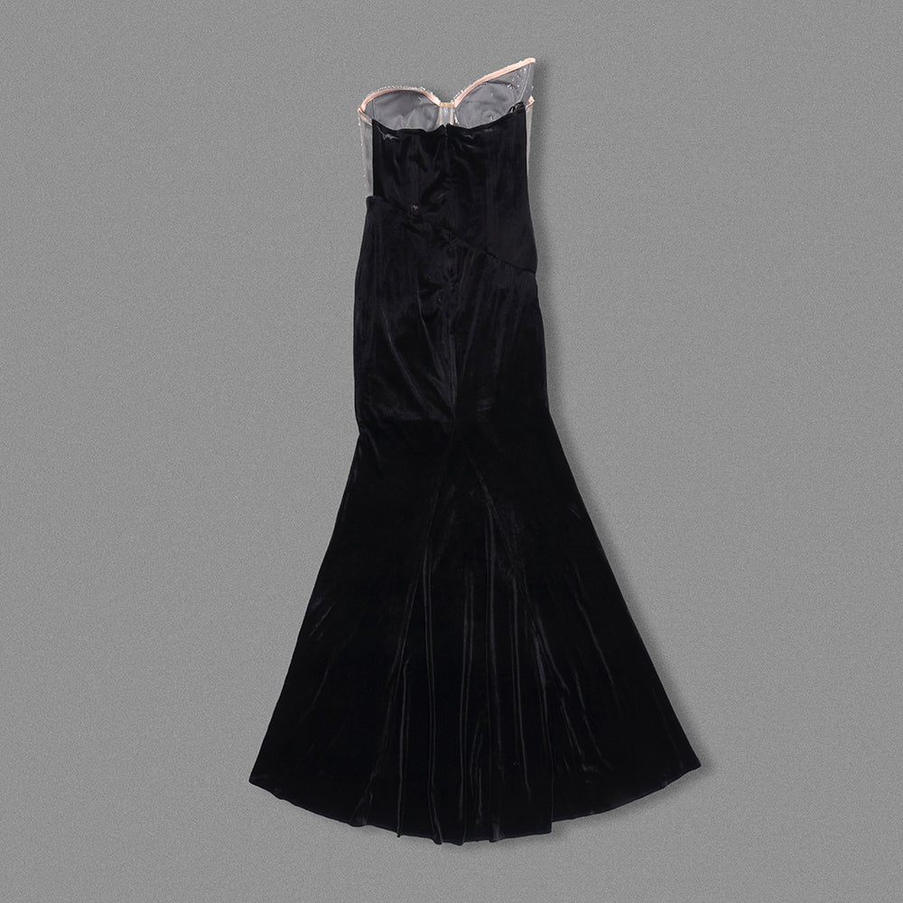Strapless Crystal Corset Maxi Velvet Dress Hot Pink Black HV2064
