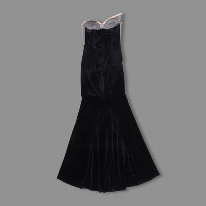 Strapless Crystal Corset Maxi Velvet Dress Hot Pink Black HV2064