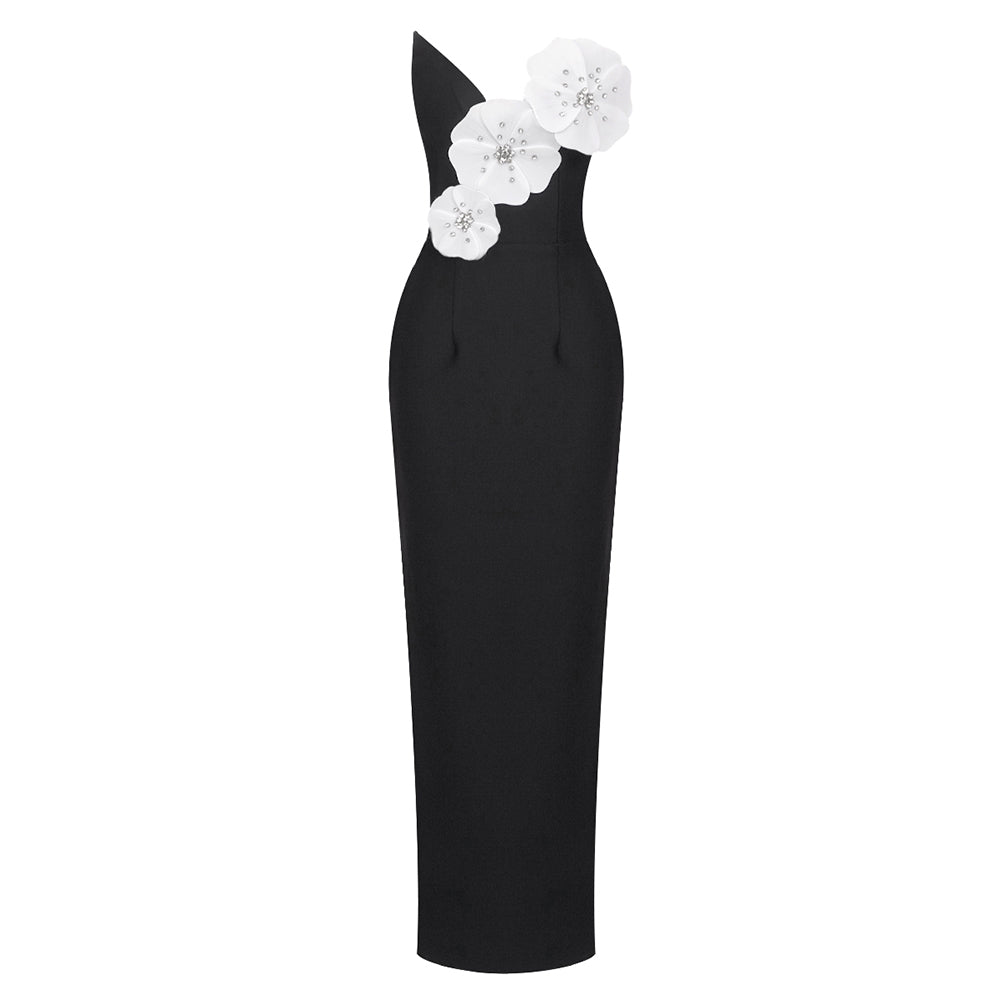 Strapless Floral Maxi Dress Black White HV1312