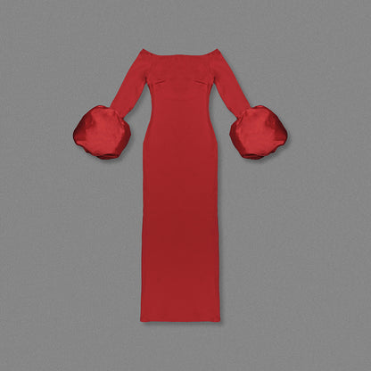 Long Sleeve Bardot Maxi Dress Red HV1855