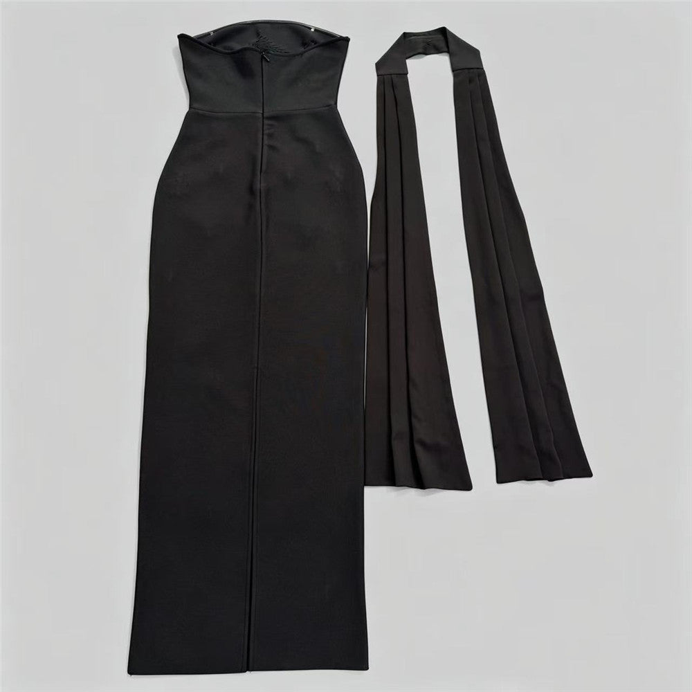 Strapless Crystal Scarf Maxi Dress Black HV3093