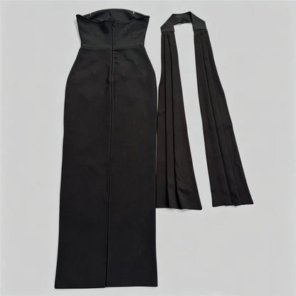 Strapless Crystal Scarf Maxi Dress Black HV3093