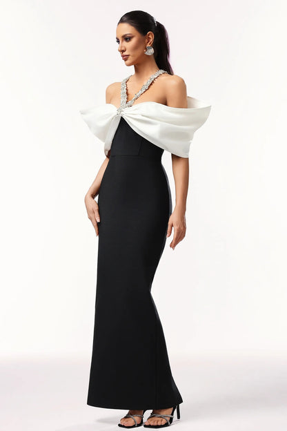Halter Crystal Bardot Maxi Dress Black White HV2677