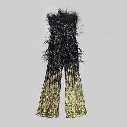 Strapless Feather Sequin Jumpsuit