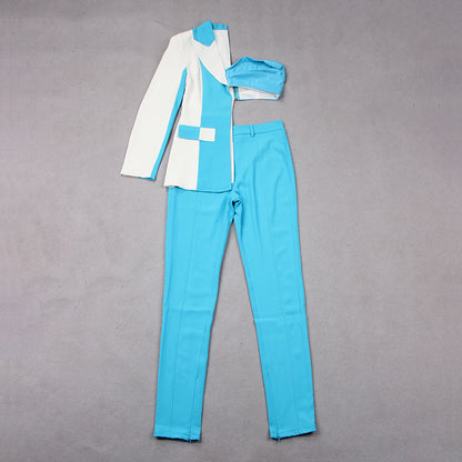 One Sleeve Blazer Two Piece Jumpsuit Blue White HV8855