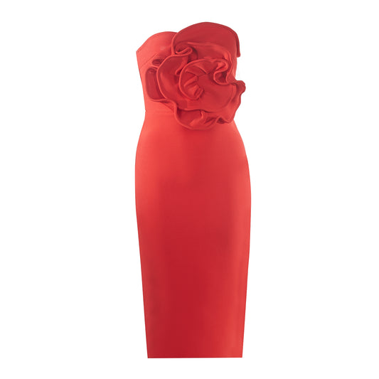 Strapless Flower Detail Midi Dress Red HV1587