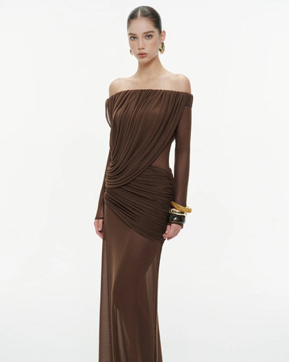 Long Sleeve Draped Bardot Maxi Dress Brown HV0066