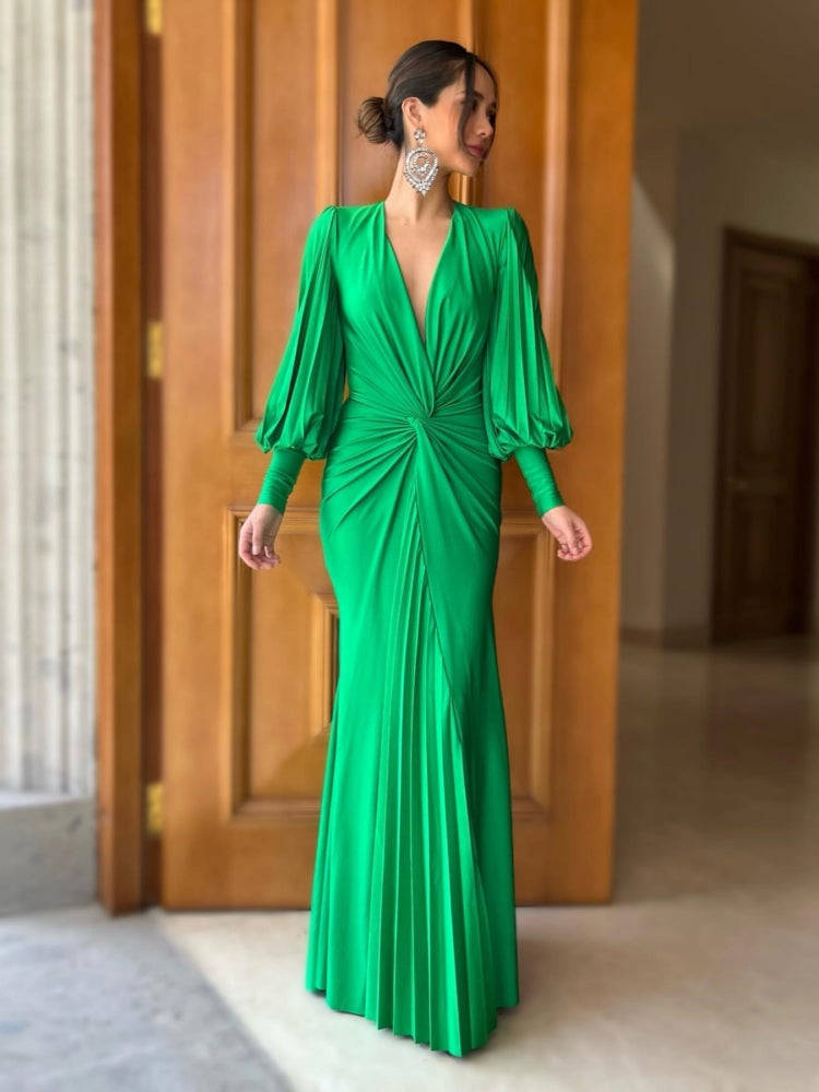 Long Sleeve Pleated Detail Maxi Dress Green HV1548