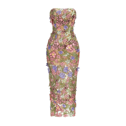 Strapless Floral Corset Maxi Dress Pink Green HV2883