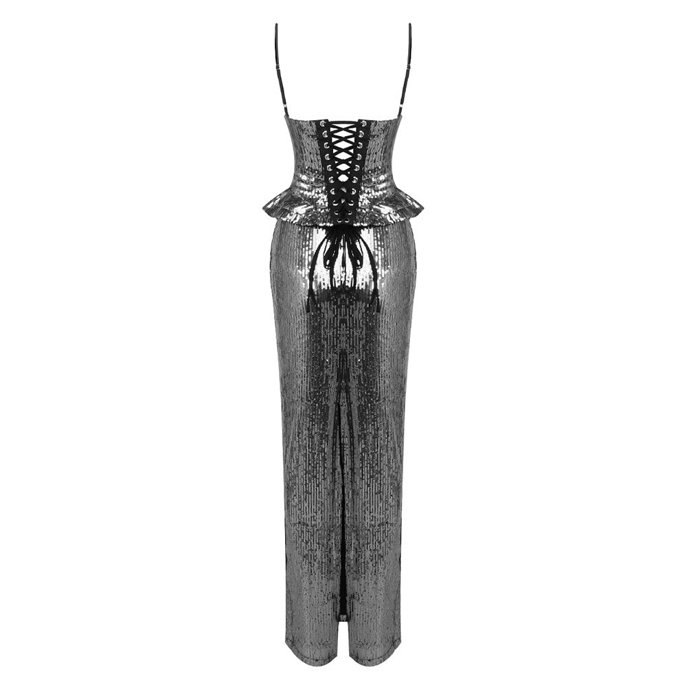 Sequin Peplum Corset Maxi Dress Black HV0045