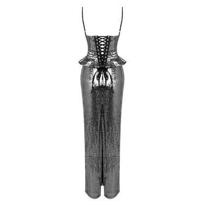 Sequin Peplum Corset Maxi Dress Black HV0045