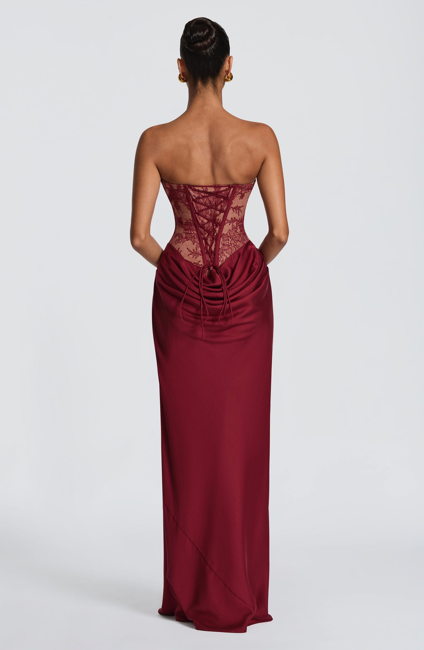 Strapless Lace Bustier Maxi Dress Burgundy HV3153