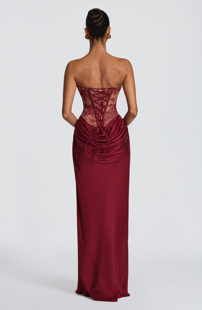 Strapless Lace Bustier Maxi Dress Burgundy HV3153