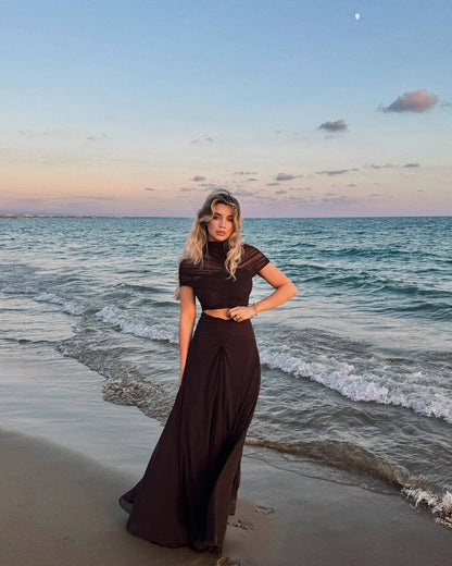 Draped Mesh Cut Out A Line Maxi Dress Brown HV2671