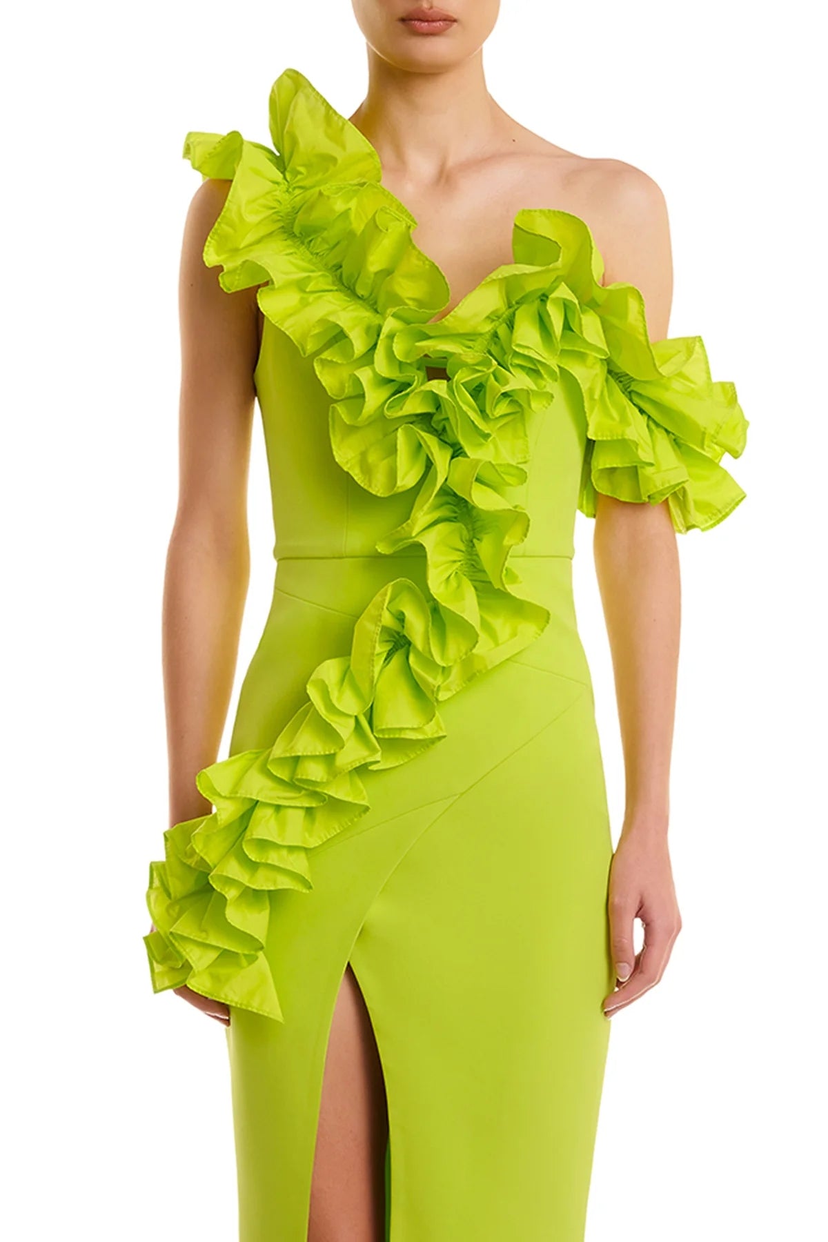 One Shoulder Ruffle Maxi Dress Neon Green HV1511