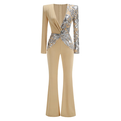 Long Sleeve Sequin Jumpsuit Sand Silver HV2059