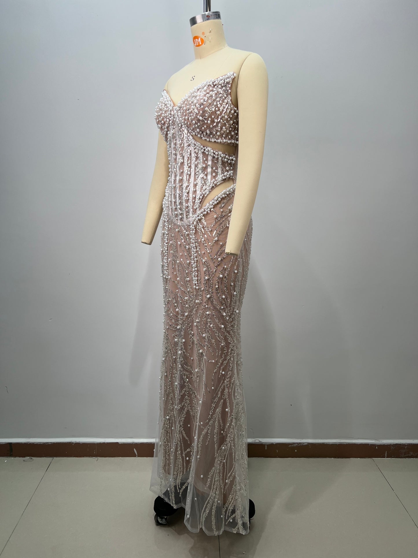 Strapless Pearl Sequin Structured Maxi Dress Nude HV2929