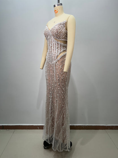 Strapless Pearl Sequin Structured Maxi Dress Nude HV2929