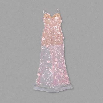 Long Sleeve Floral Sequin Maxi Dress Silver HV1784
