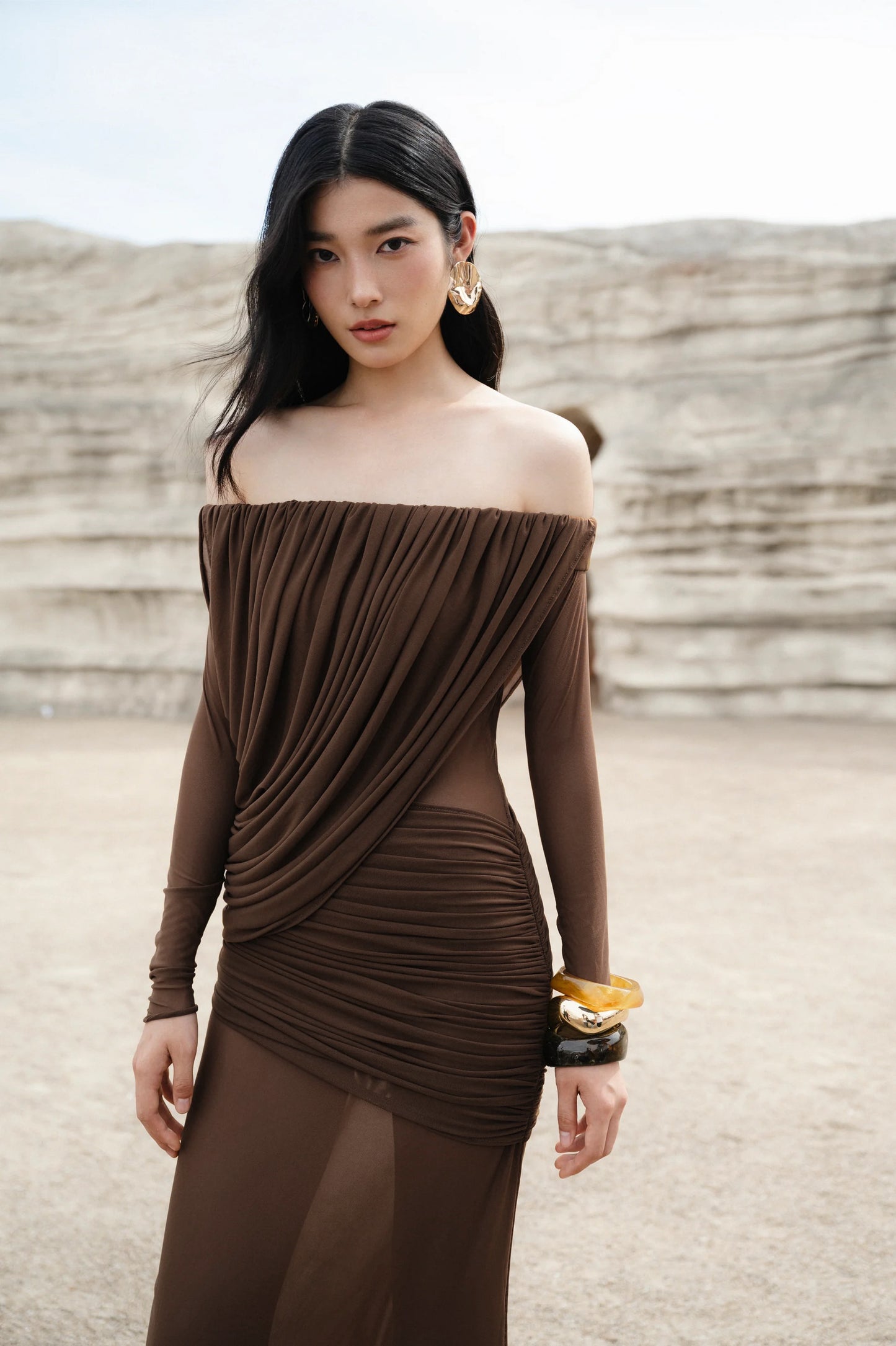 Long Sleeve Draped Bardot Maxi Dress Brown HV0066