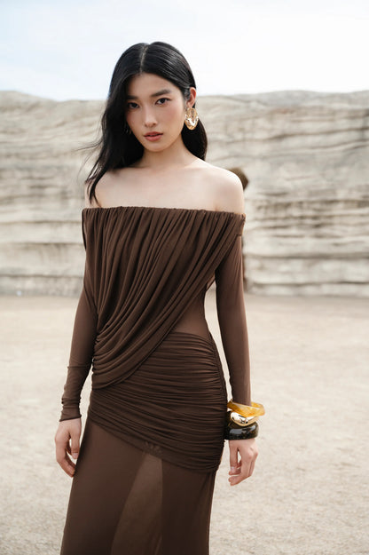 Long Sleeve Draped Bardot Maxi Dress Brown HV0066