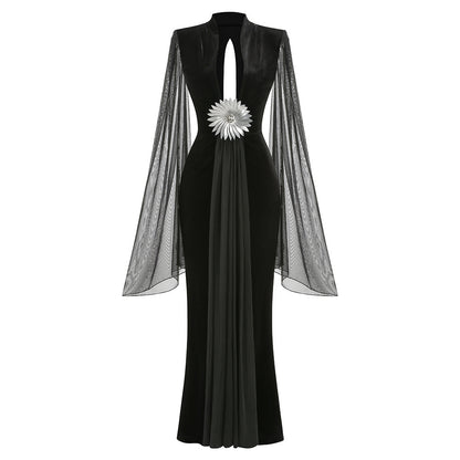 ชุดเดรสกำมะหยี่ยาวตาข่าย Black HV2832