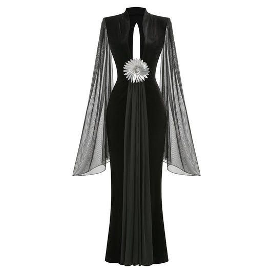 Mesh Sleeves Maxi Velvet Dress Black HV2832