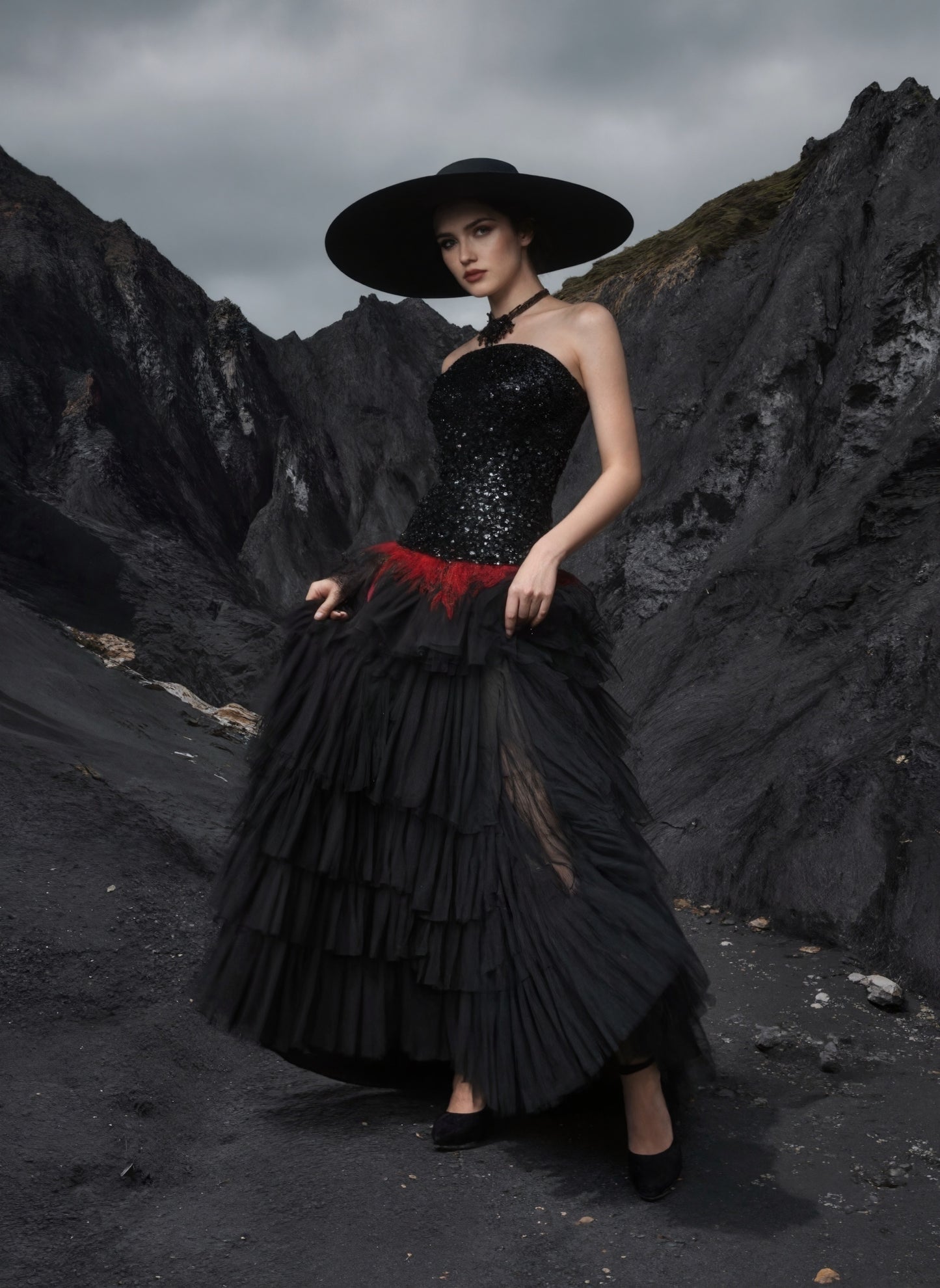 Strapless Sequin Ruffle Maxi Dress Black Red HV2760