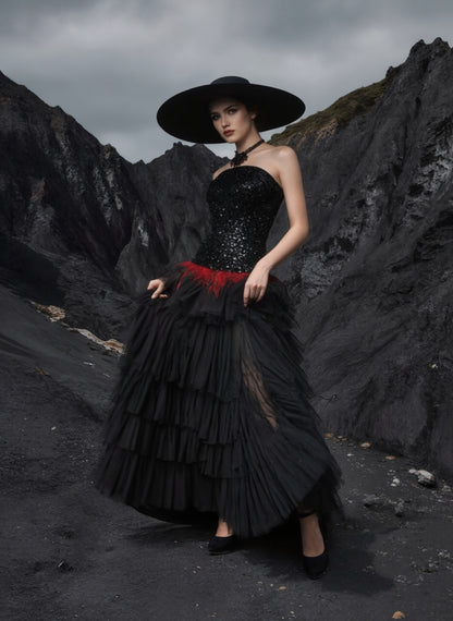 Strapless Sequin Ruffle Maxi Dress Black Red HV2760