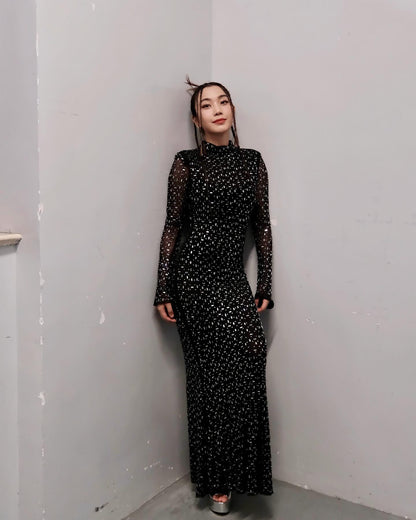 Long Sleeve Embellished Mermaid Dress Black HV1750