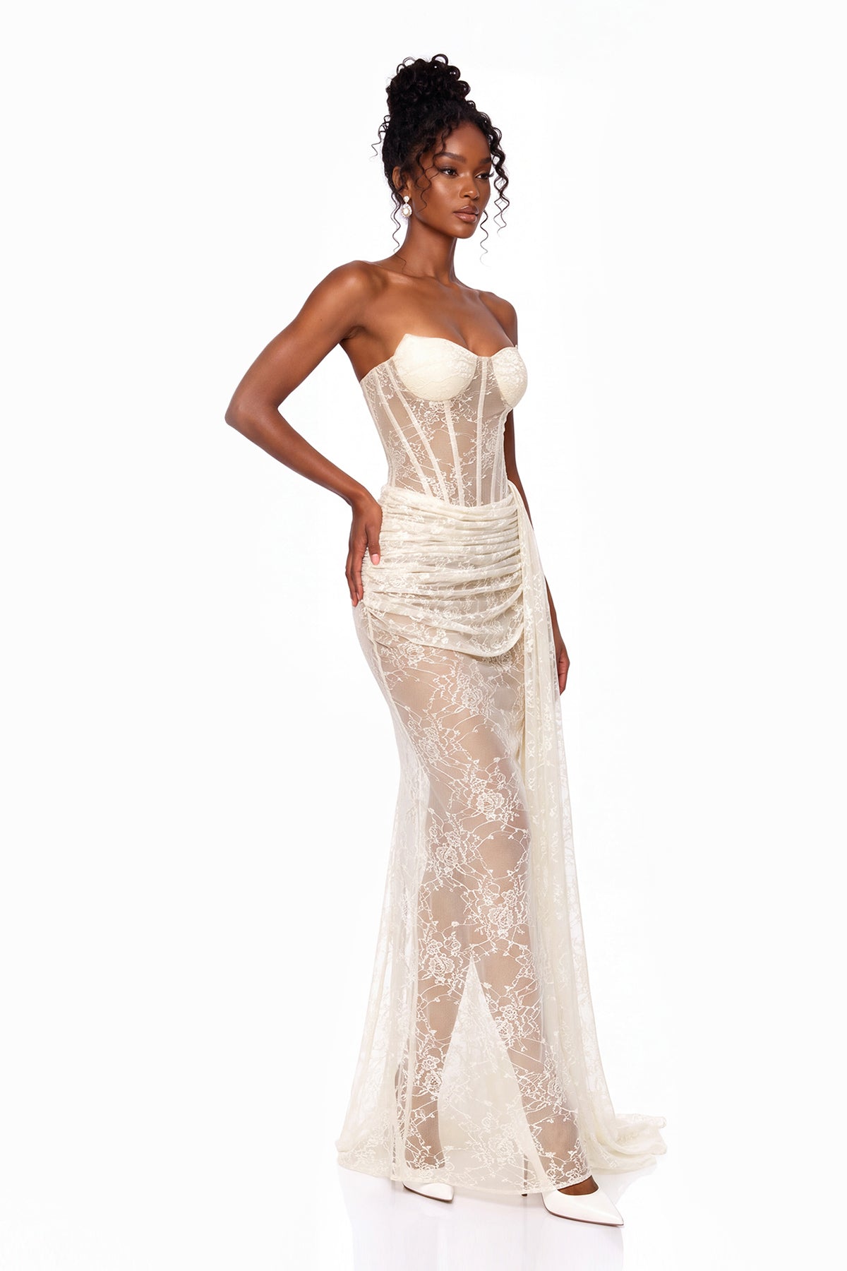 Strapless Draped Lace Bustier Maxi Dress Ivory HV3230
