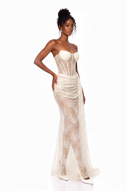 Strapless Draped Lace Bustier Maxi Dress Ivory HV3230