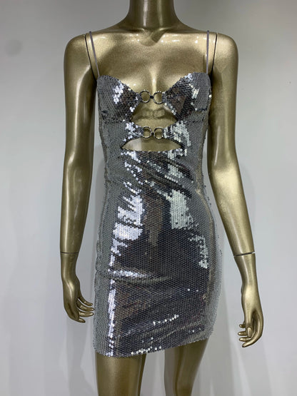 Cut Out Detail Sequin Dress Silver HV9731