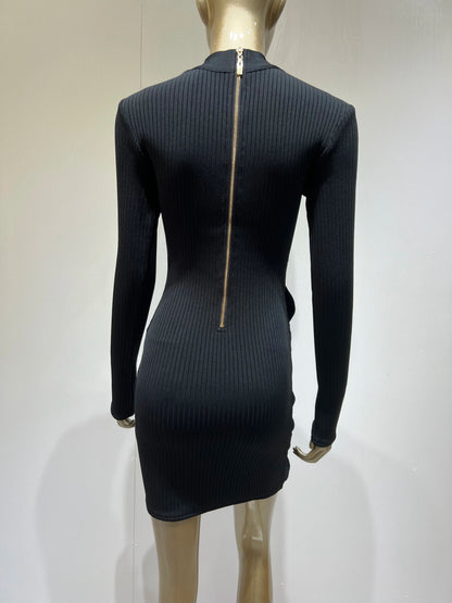 Long Sleeve Mesh Insert Ribbed Dress Black