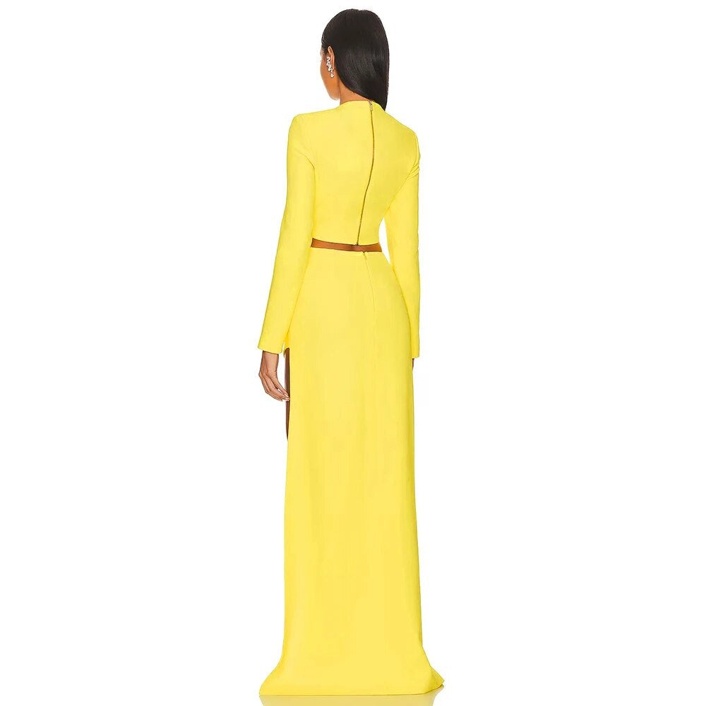 Long Sleeve Star Detail Two Piece Maxi Dress Yellow  HV9902