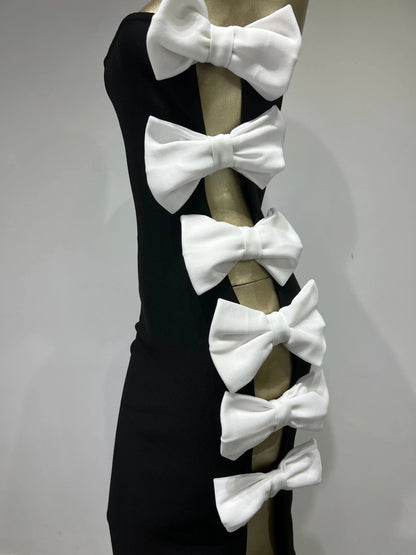 Strapless Bow Detail Maxi Velvet Dress Black White HV1944