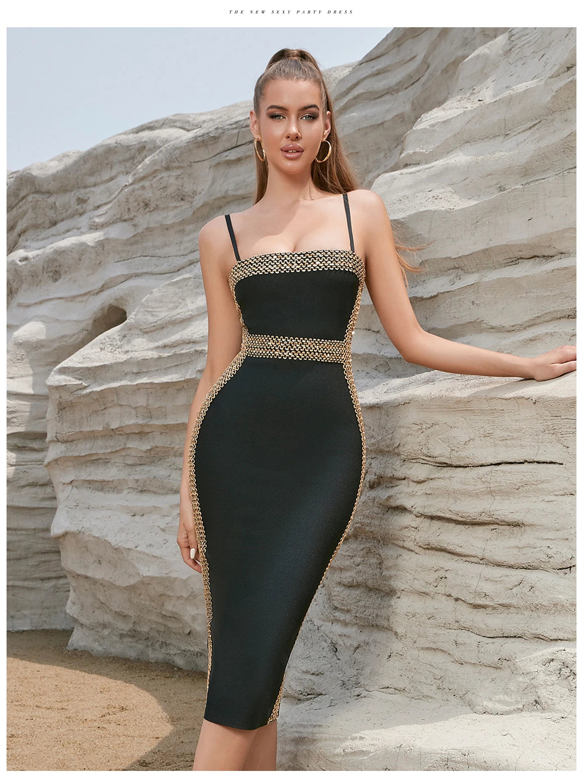 Sequin Midi Dress Black Gold