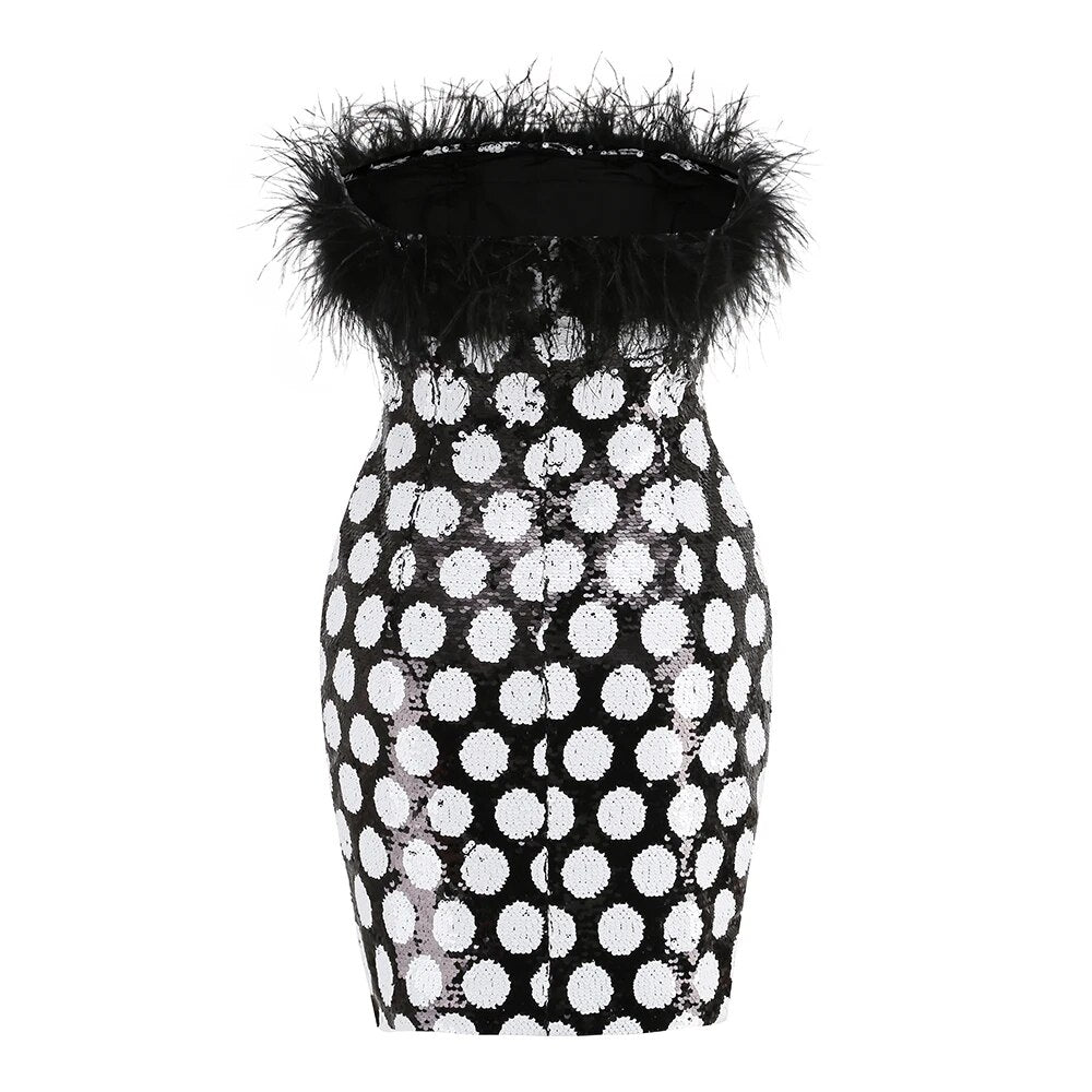 Strapless Feather Sequin Dress Black White HV875