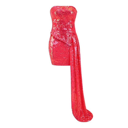 Strapless Sequin Draped Dress Hot Pink