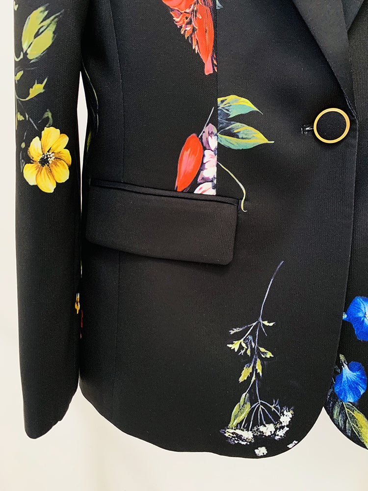 Long Sleeve Floral Design Suit Black