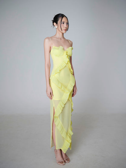 Ruffle Detail Bustier Maxi Dress Yellow HV0025