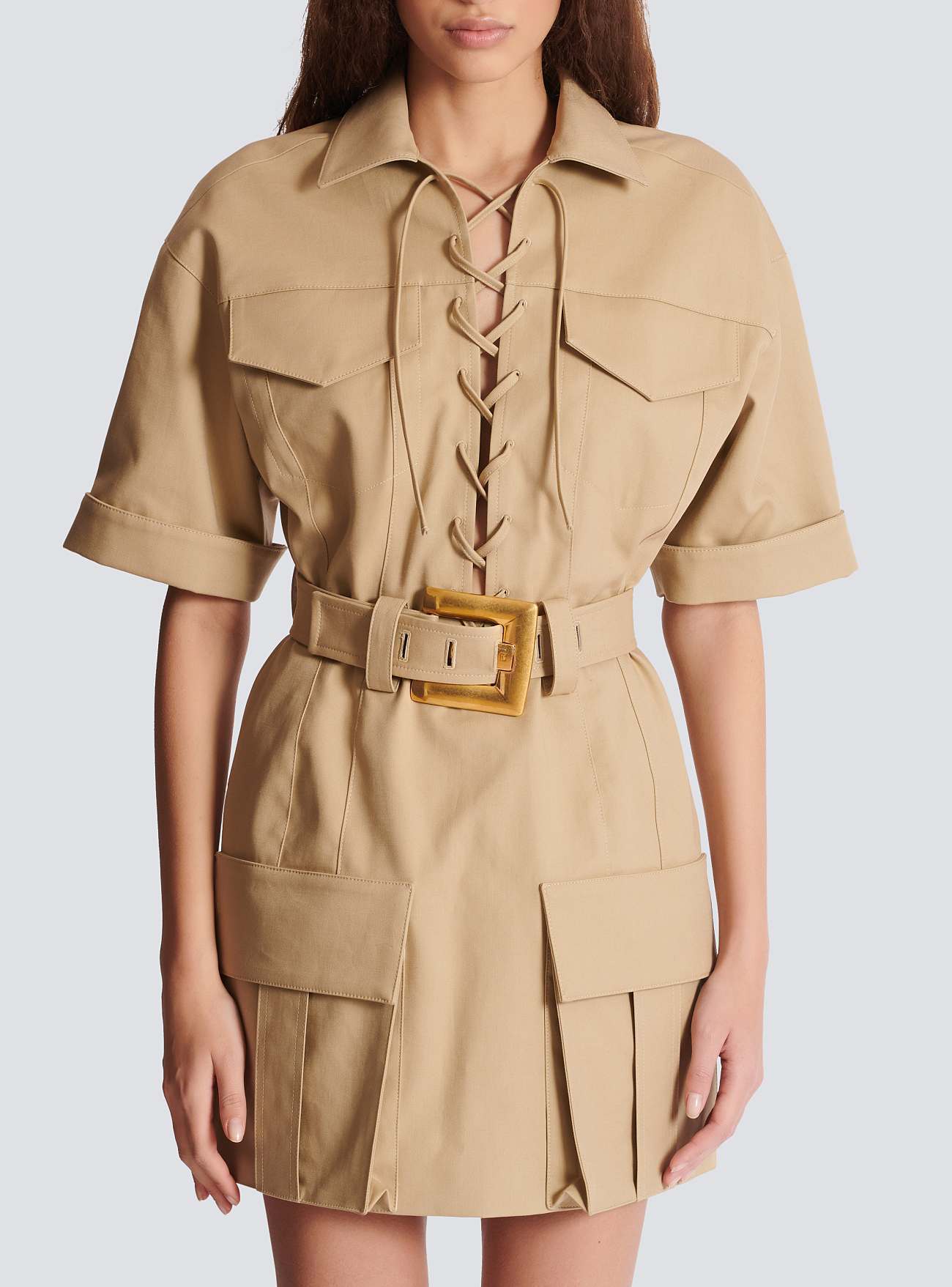 Short Sleeve Lace Up Detail Dress Came HV2748l