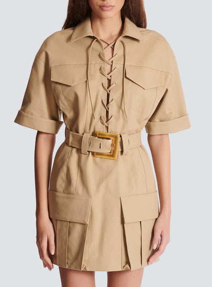 Short Sleeve Lace Up Detail Dress Came HV2748l