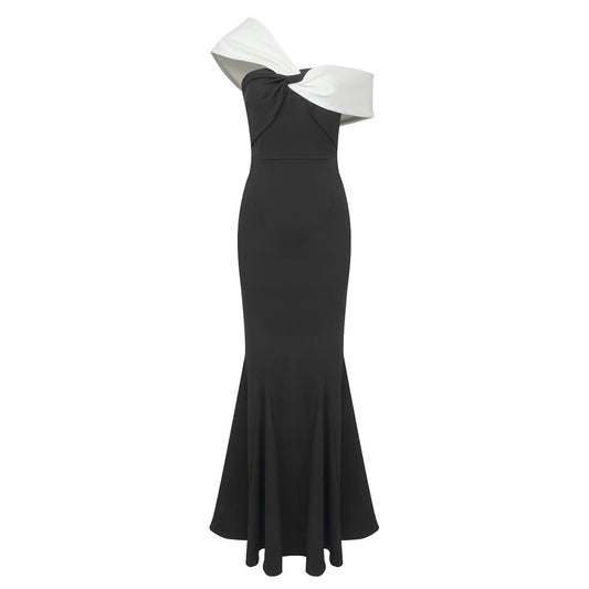 One Shoulder Draped Maxi Dress Black White HV9811