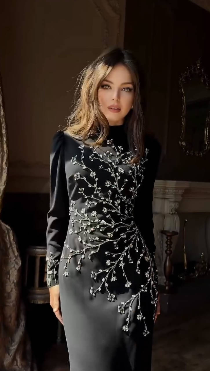 Long Sleeve Crystal Branch Detail Maxi Dress Black HV2647