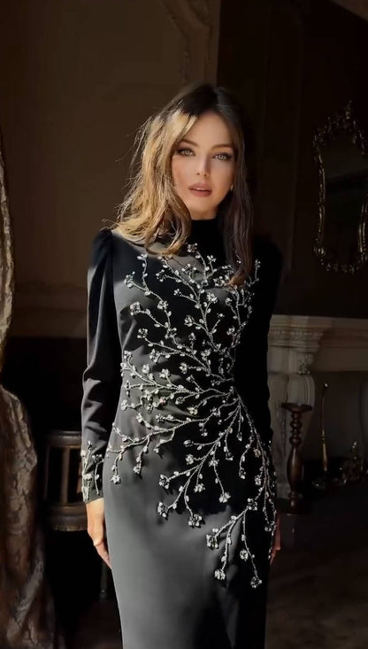Long Sleeve Crystal Branch Detail Maxi Dress Black HV2647