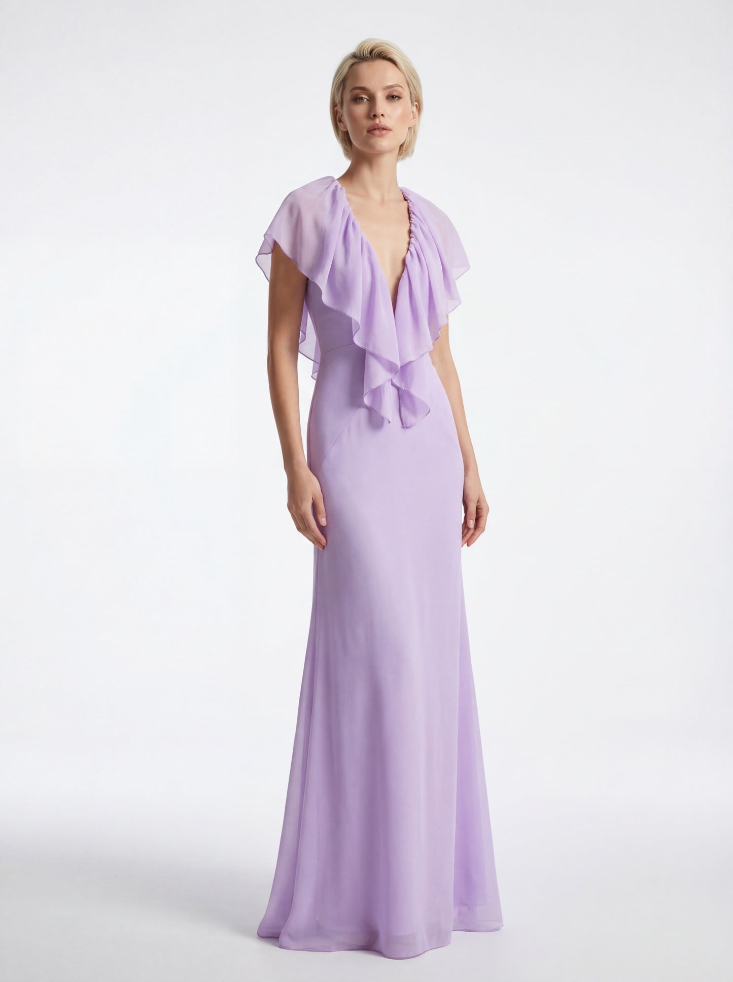 Ruffle Plunging Neck Maxi Dress Lavender HV2919
