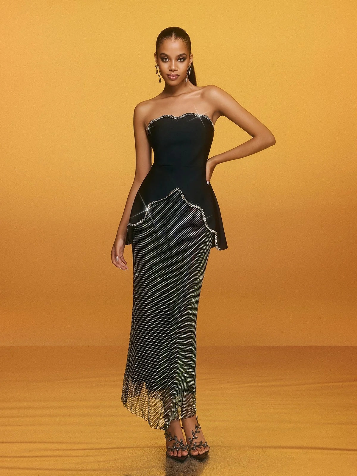 Strapless Crystal Trim Peplum Maxi Dress Gold HV2668