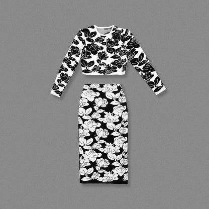 Long Sleeve Floral Two Piece Midi Dress Black White  HV2154